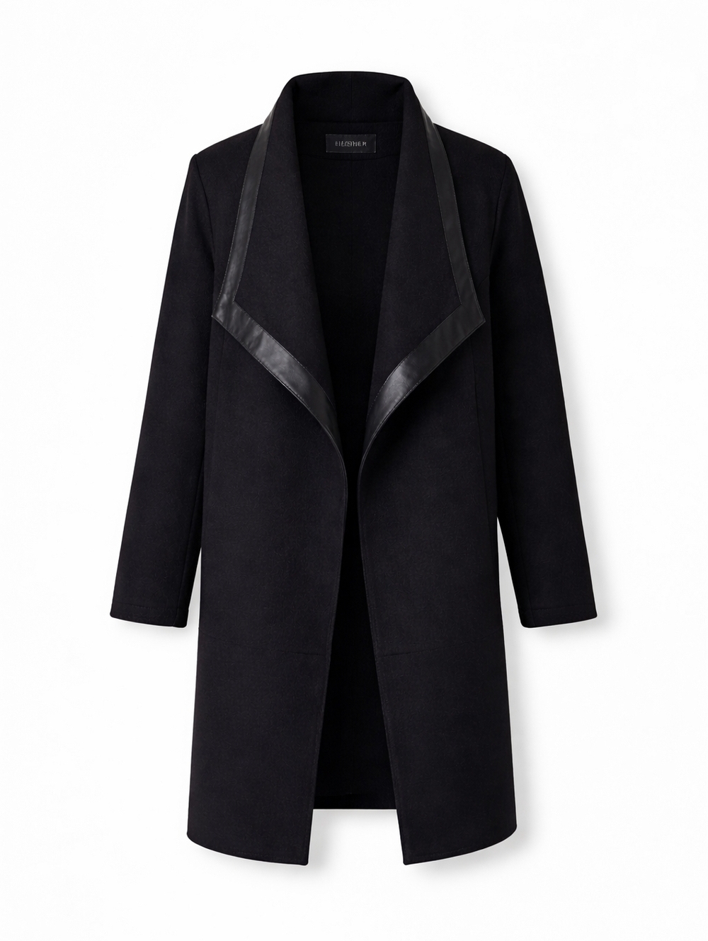 Eileen Fisher Black Wool Coat Leather Trim Minimalist Open Front Jacket M